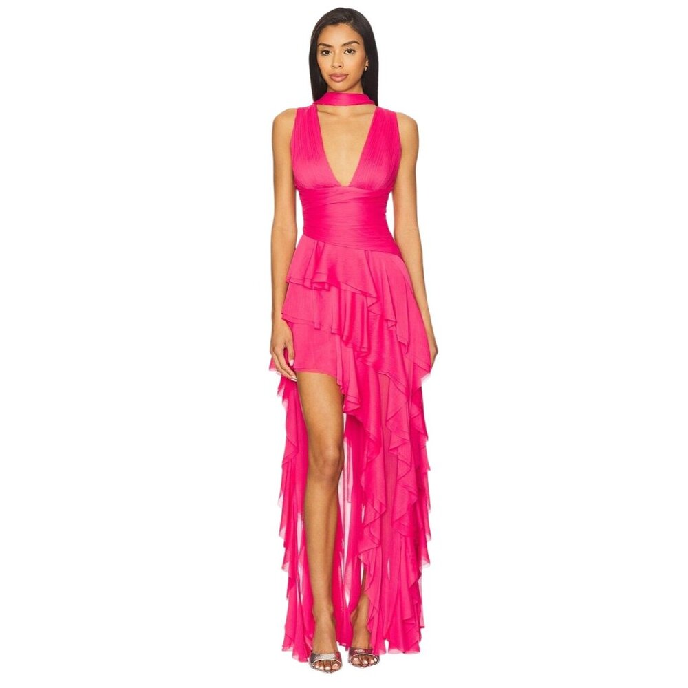 Alice + Olivia Holly Ruffle Maxi Dress With Scarf in Raspberry 2 New Womens Gown